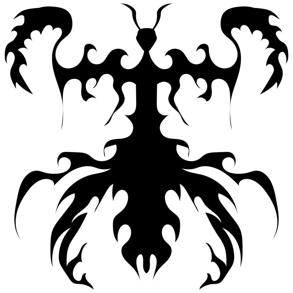 Gothic black and white image of a praying mantis for tattoos or prints. Black line icon for shields or sports emblems, textiles, web icons, textiles, labels, interiors, fashion trends, postcards, etc. vector