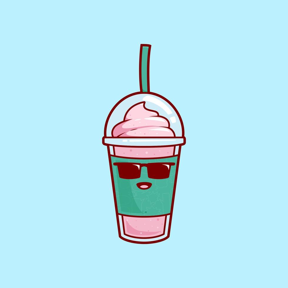 estilo fresco con gafas de sol batidos de fresa jugo de batido con helado topping ilustración vector personaje de dibujos animados