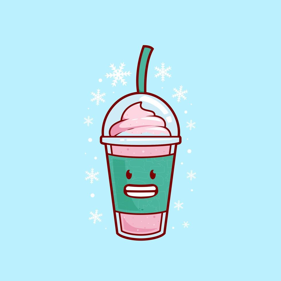 frozen cold strawberry smoothies milkshake juice with ice cream topping illustration vector cartoon character. brain freeze strawberry milkshake