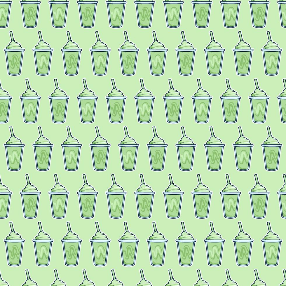 matcha milkshake drink in plastic cup takeaway wallpaper seamless pattern background vector
