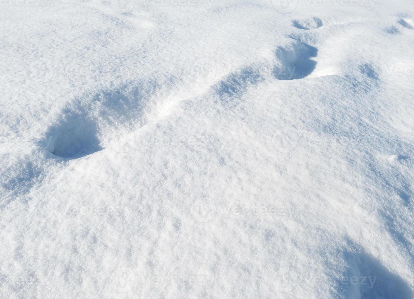 Blue deep snow cover with half-buried footprints. Sunny frosty day Europe. Winter background. photo