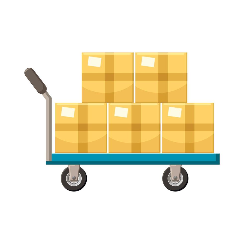 Hand cart with cardboards icon, cartoon style vector