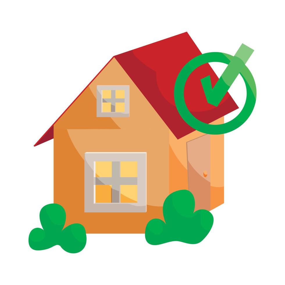 House with approval checkmark icon, cartoon style vector
