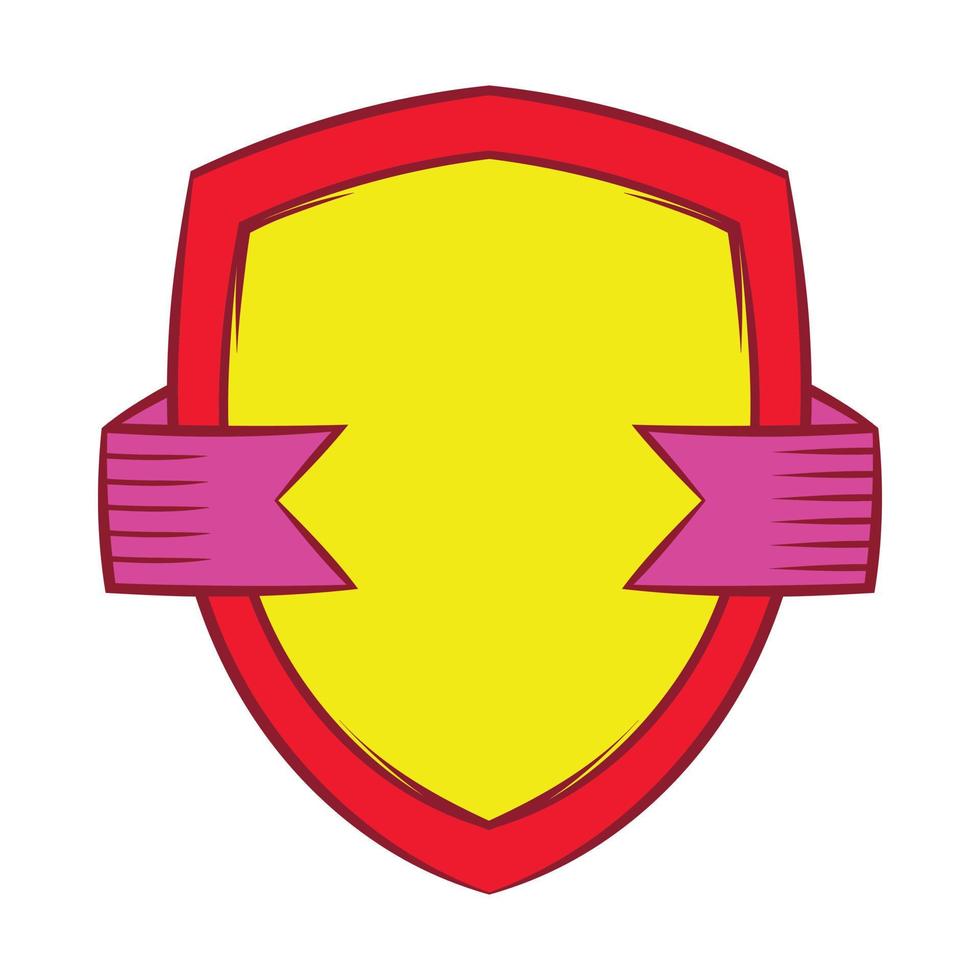 Gold shield with violet ribbon icon, cartoon style vector