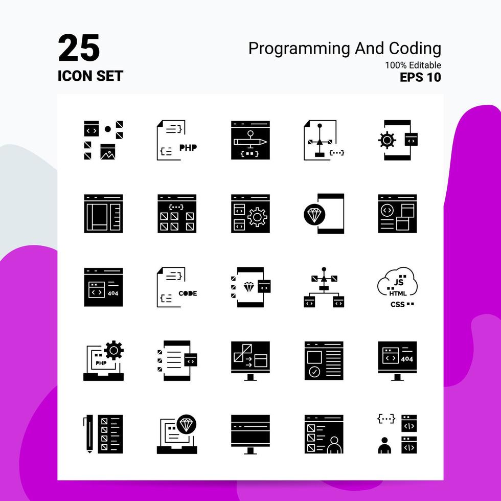 25 Programming And Coding Icon Set 100 Editable EPS 10 Files Business Logo Concept Ideas Solid Glyph icon design vector