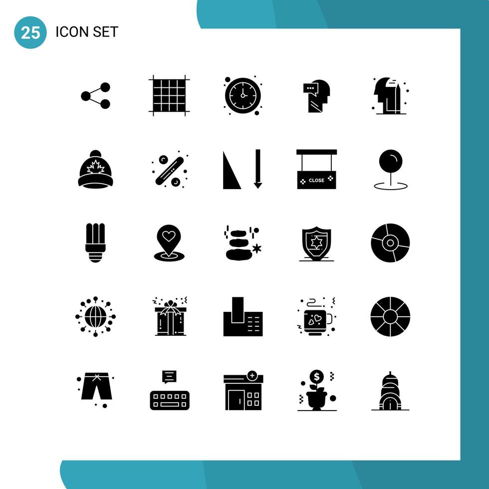 Set of 25 Vector Solid Glyphs on Grid for pencile education clock head dialog Editable Vector Design Elements