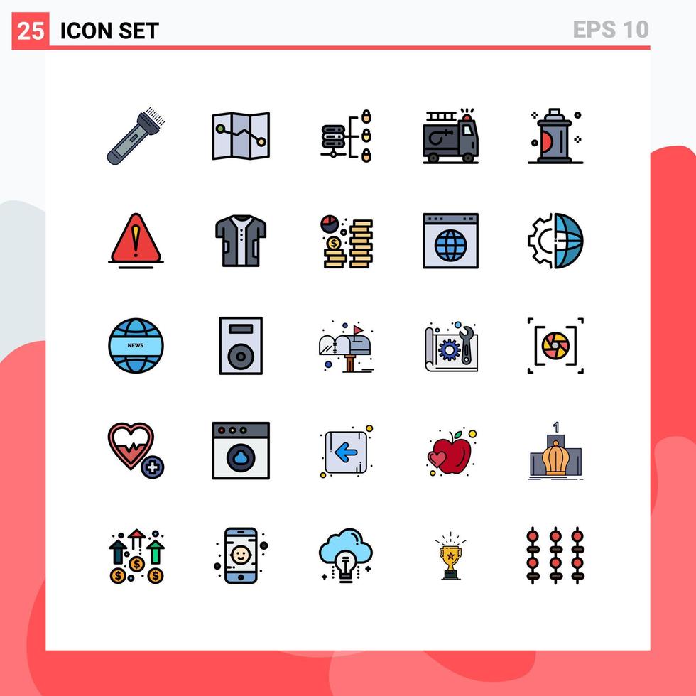 paquete de 25 modernos signos y símbolos de colores planos de línea rellena para medios de impresión web, como el cuidado de salones, servidor web seguro, elementos de diseño de vectores editables de coches de belleza
