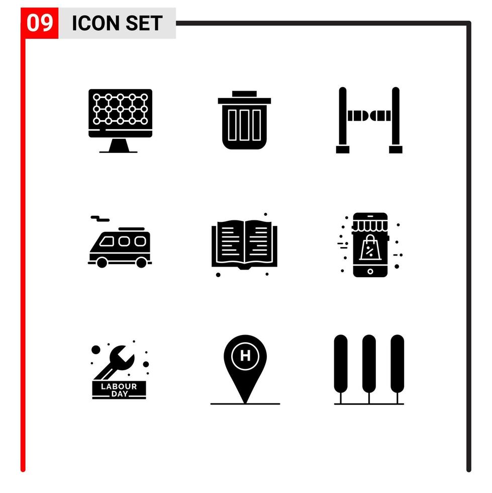 Pack of 9 Modern Solid Glyphs Signs and Symbols for Web Print Media such as read van dustbin transport swing Editable Vector Design Elements