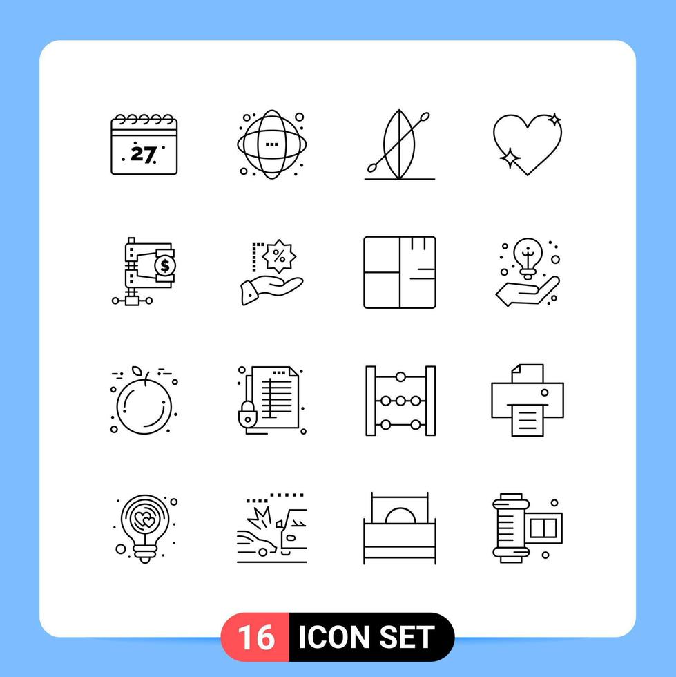 User Interface Pack of 16 Basic Outlines of finance report beach favorite love Editable Vector Design Elements