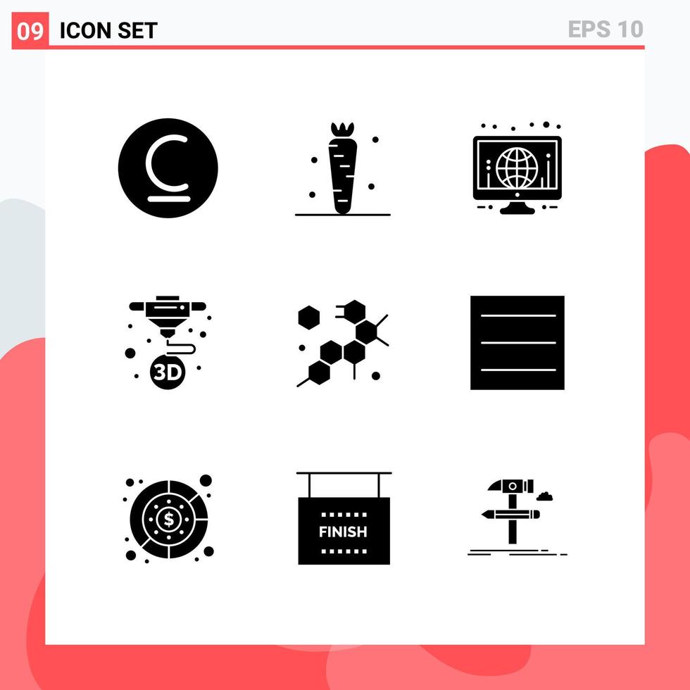 Solid Glyph Pack of 9 Universal Symbols of cell print vegetable machine world Editable Vector Design Elements