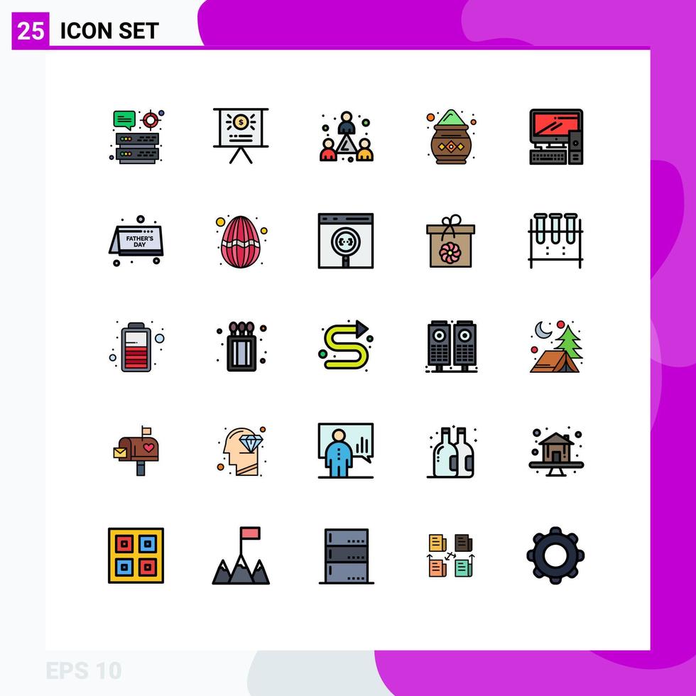 grupo de 25 colores planos de líneas llenas modernas para elementos de diseño de vectores editables en polvo de recuento de computadoras de oficina india