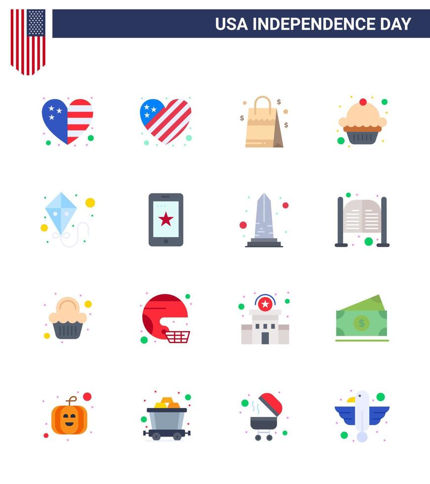 16 Flat Signs for USA Independence Day flying kite bag muffin cake Editable USA Day Vector Design Elements
