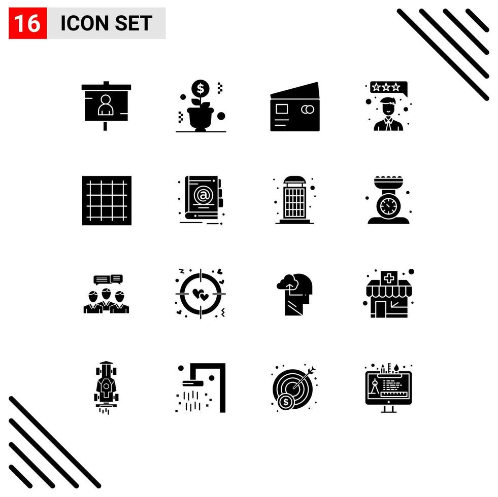 Group of 16 Modern Solid Glyphs Set for review customer satisfaction pot shopping global Editable Vector Design Elements