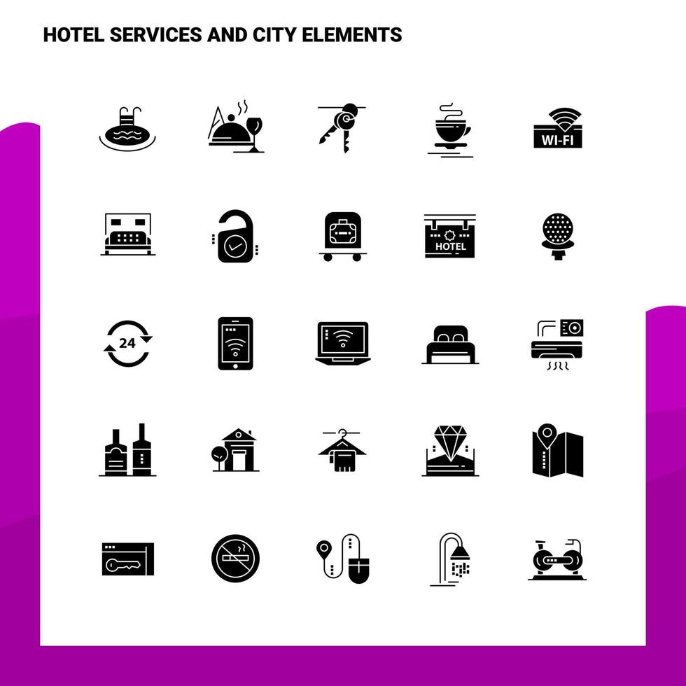 25 servicios de hotel y elementos de la ciudad conjunto de iconos plantilla de ilustración de vector de icono de glifo sólido para ideas web y móviles para empresa comercial