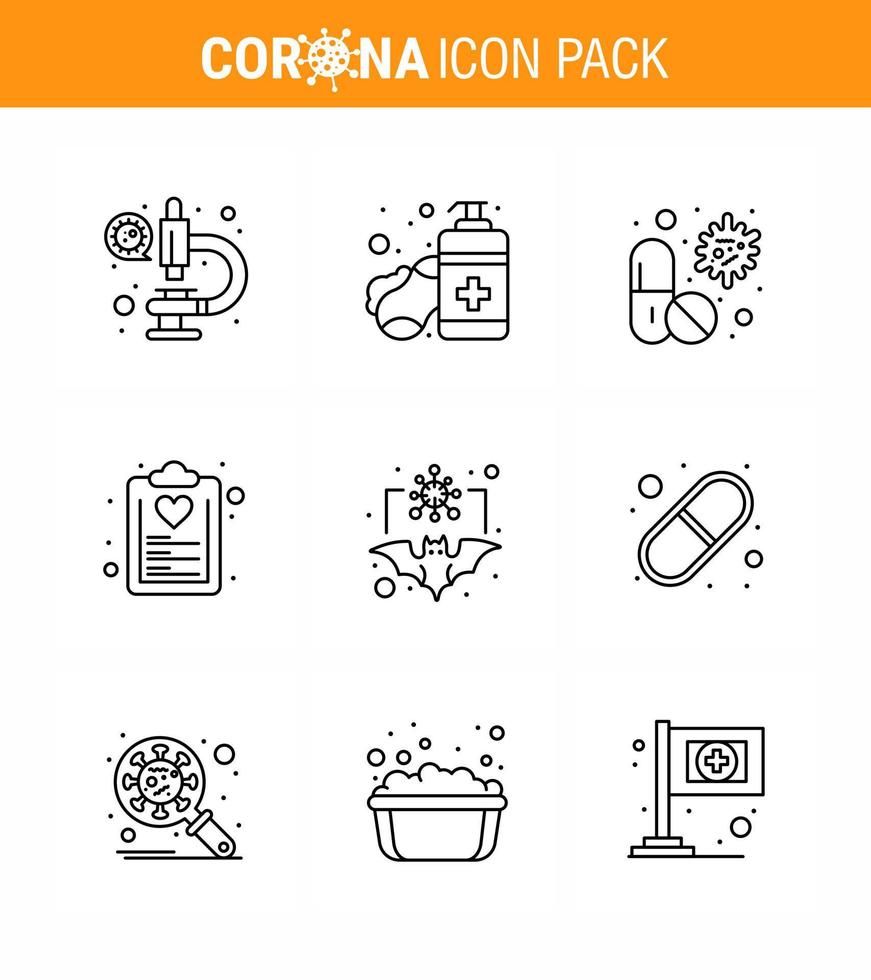 Covid19 icon set for infographic 9 Line pack such as list diet virus check list pill viral coronavirus 2019nov disease Vector Design Elements