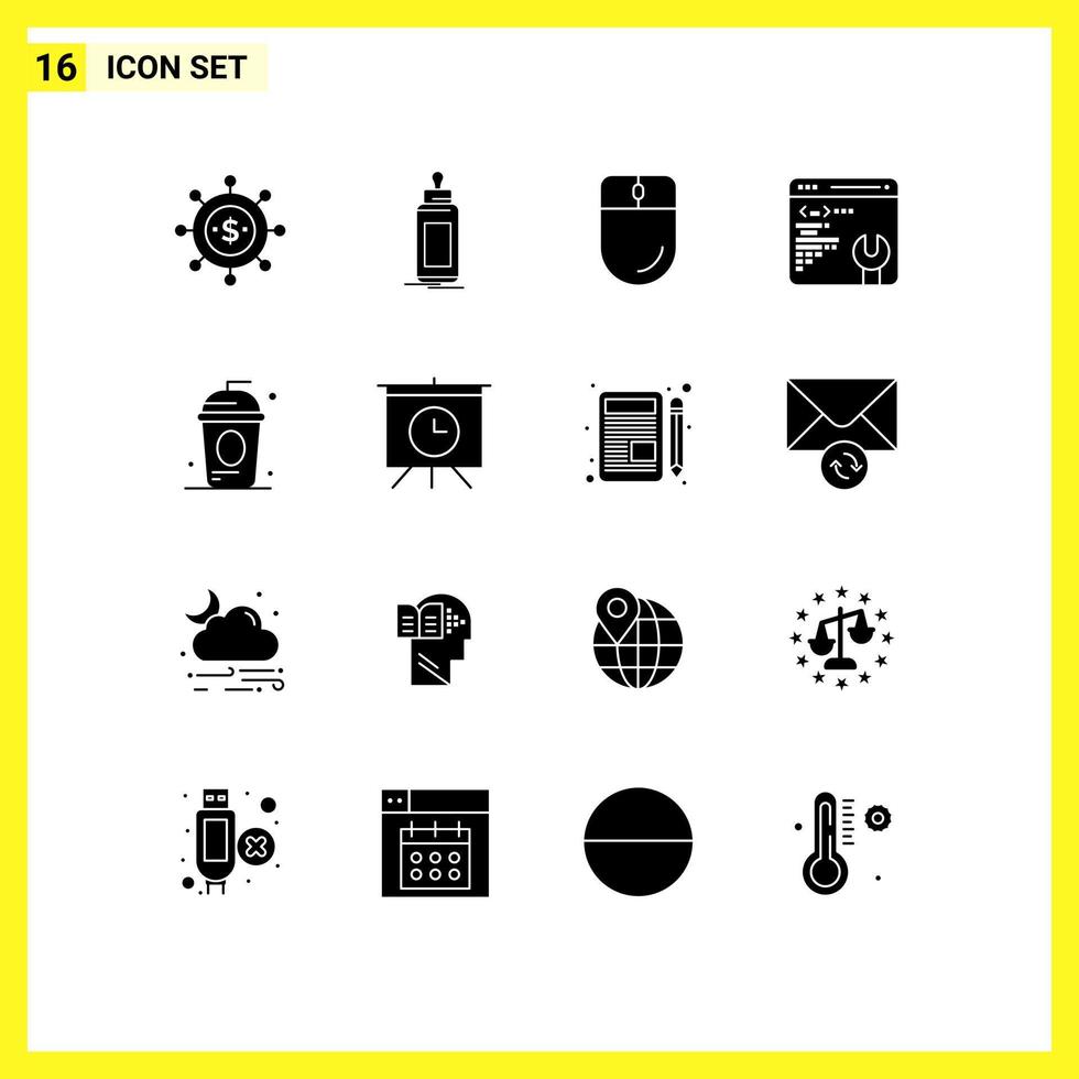 16 User Interface Solid Glyph Pack of modern Signs and Symbols of cole setting milk web page mouse Editable Vector Design Elements