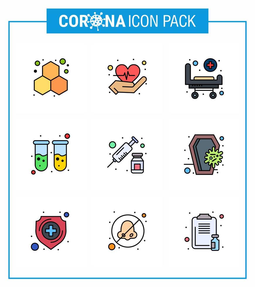 Covid19 Protection CoronaVirus Pendamic 9 Filled Line Flat Color icon set such as syringe drugs bed lab blood test viral coronavirus 2019nov disease Vector Design Elements