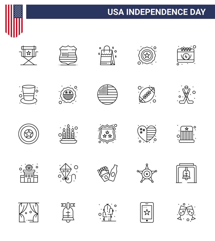 USA Independence Day Line Set of 25 USA Pictograms of calendar usa security star american Editable USA Day Vector Design Elements