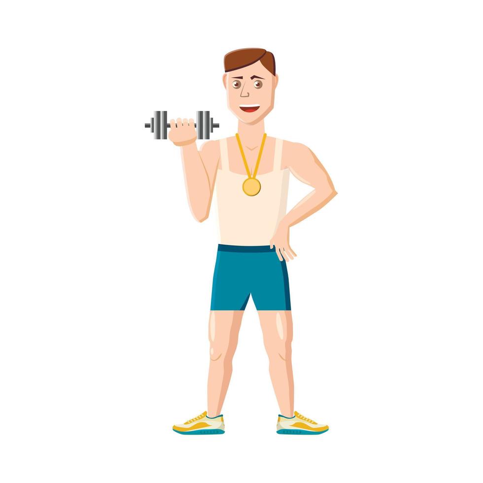 atleta con icono de pesas, estilo de dibujos animados vector