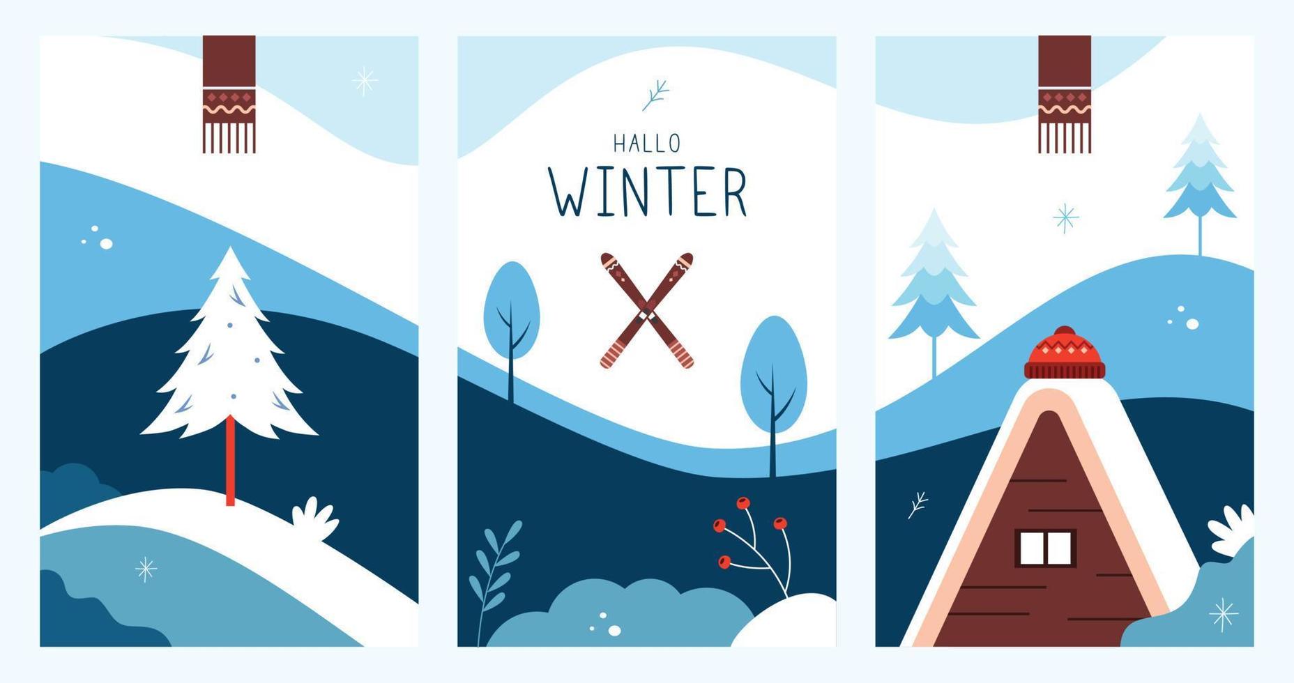 three winter landscapes vector illustration