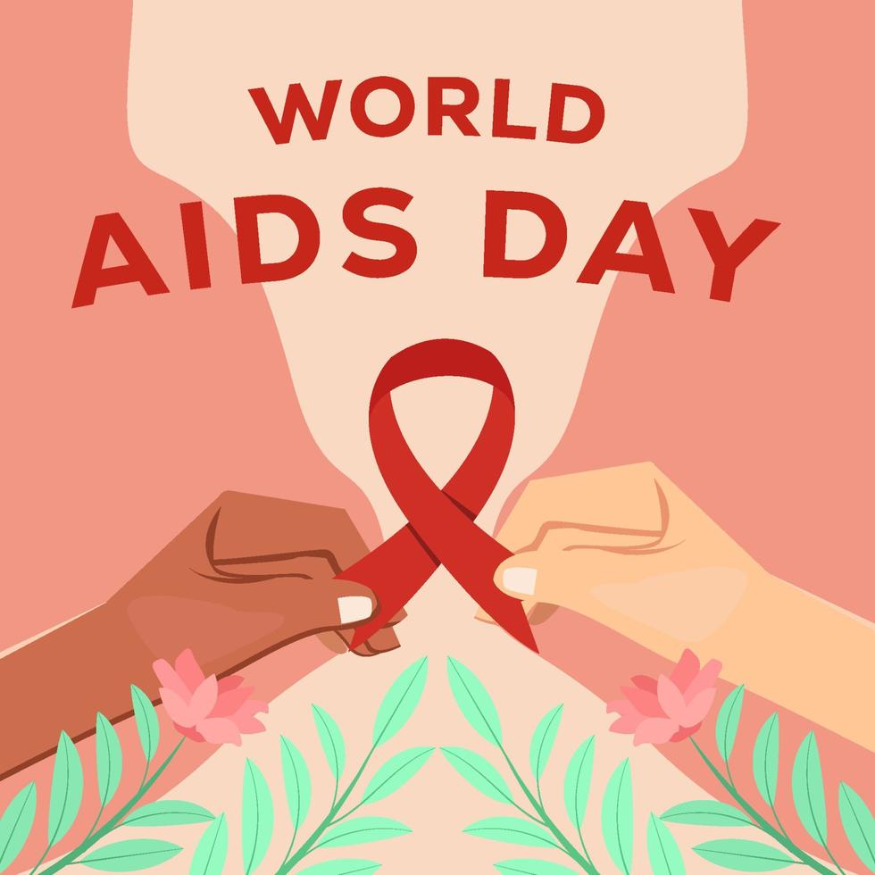 flat world aids day with hands holding red  bow ribbon vector