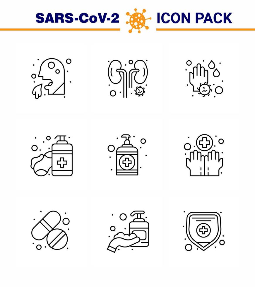 9 Line Set of corona virus epidemic icons such as hand sanitizer kidney hand sanitizer water drop viral coronavirus 2019nov disease Vector Design Elements