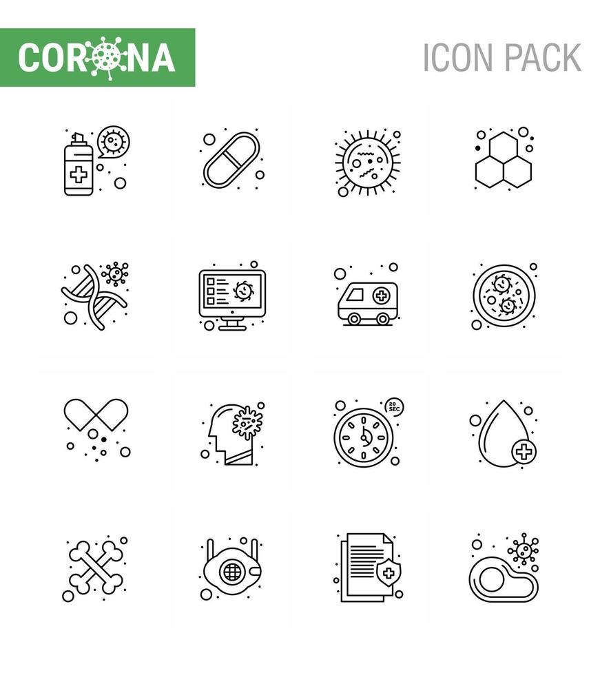 Coronavirus awareness icons 16 Line icon Corona Virus Flu Related such as dna laboratory corona experiment virus viral coronavirus 2019nov disease Vector Design Elements