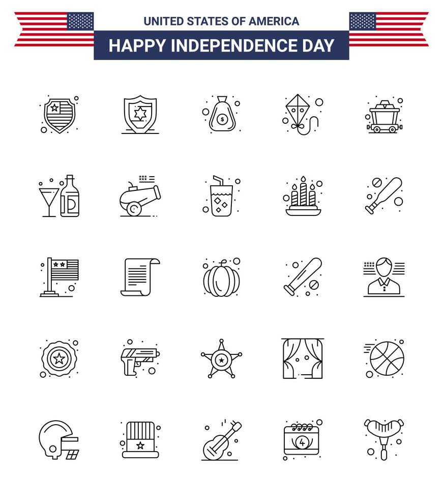 Set of 25 Modern Lines pack on USA Independence Day glass american summer wine rail Editable USA Day Vector Design Elements