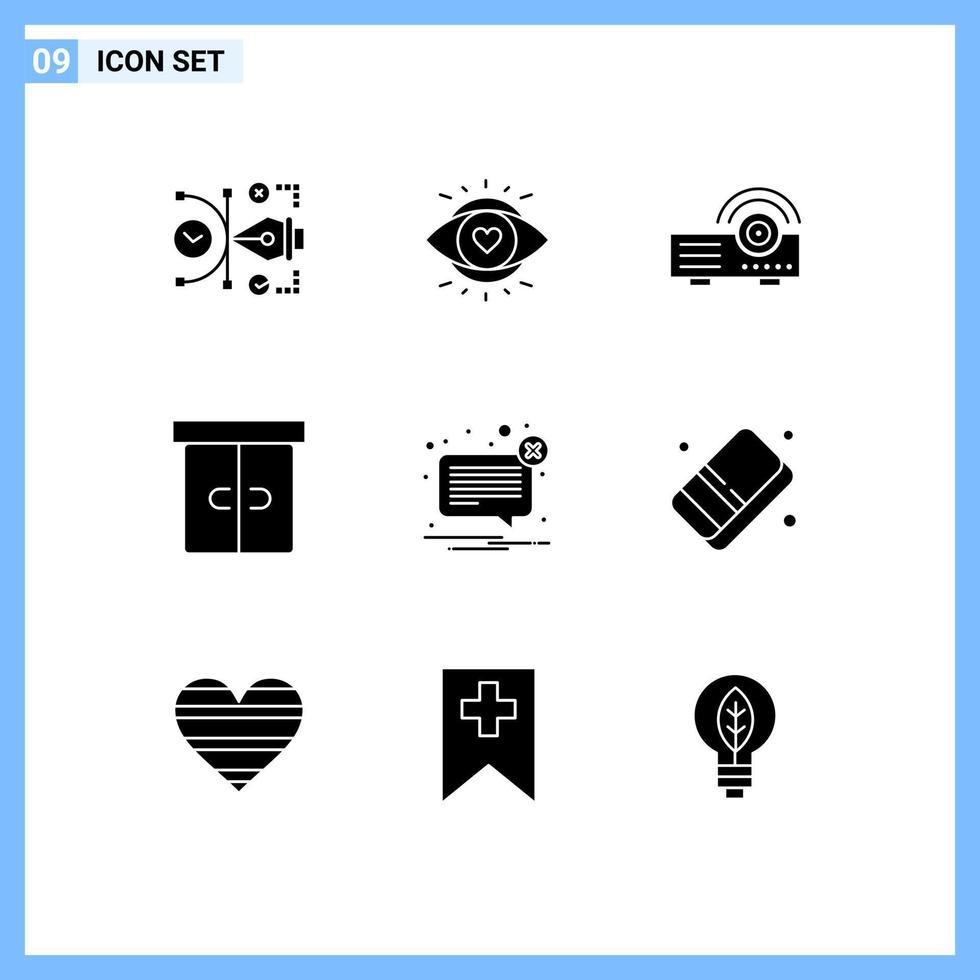 Set of 9 Commercial Solid Glyphs pack for alert furniture light drawer service Editable Vector Design Elements