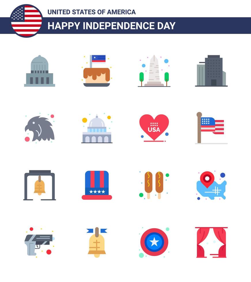 feliz día de la independencia 4 de julio conjunto de 16 pisos pictograma americano de oficina de animales edificio de estados unidos elementos de diseño de vector de día de estados unidos editables de estados unidos