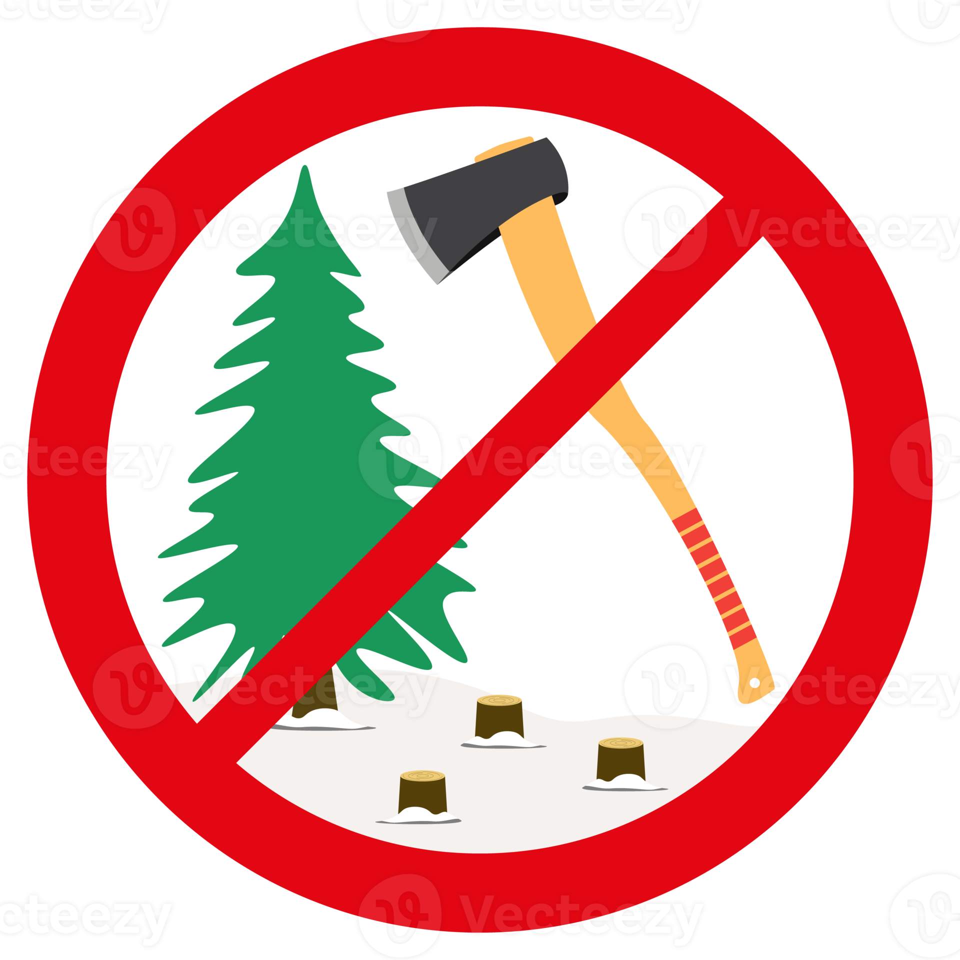 Free Sign in cartoon style. Stop cutting down live trees for Christmas. Christmas tree and Axe