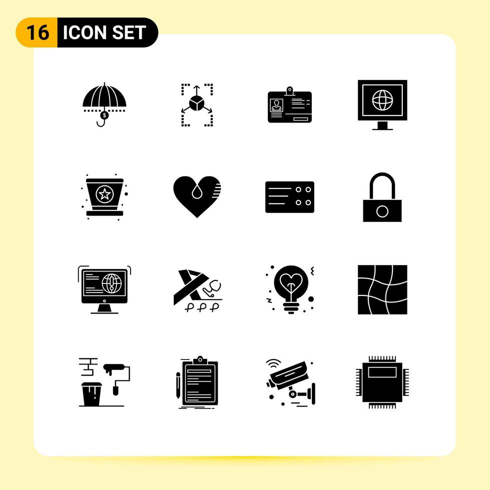 Mobile Interface Solid Glyph Set of 16 Pictograms of news id prototype identity pass Editable Vector Design Elements