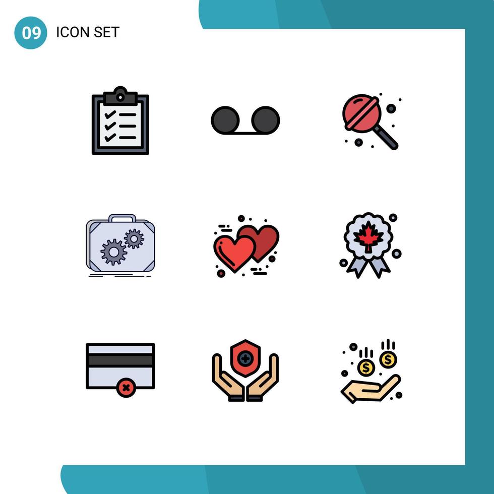 9 Universal Filledline Flat Color Signs Symbols of romantic day sugar work production Editable Vector Design Elements