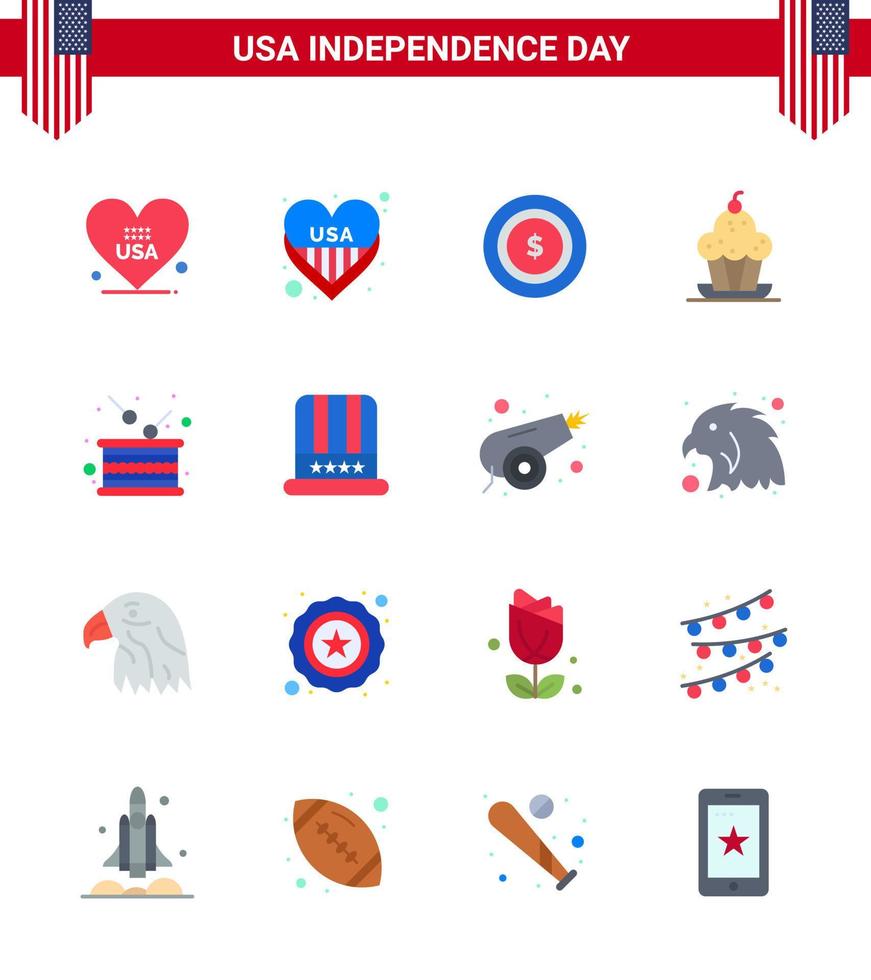 Set of 16 USA Day Icons American Symbols Independence Day Signs for drum thanksgiving american sweet dessert Editable USA Day Vector Design Elements