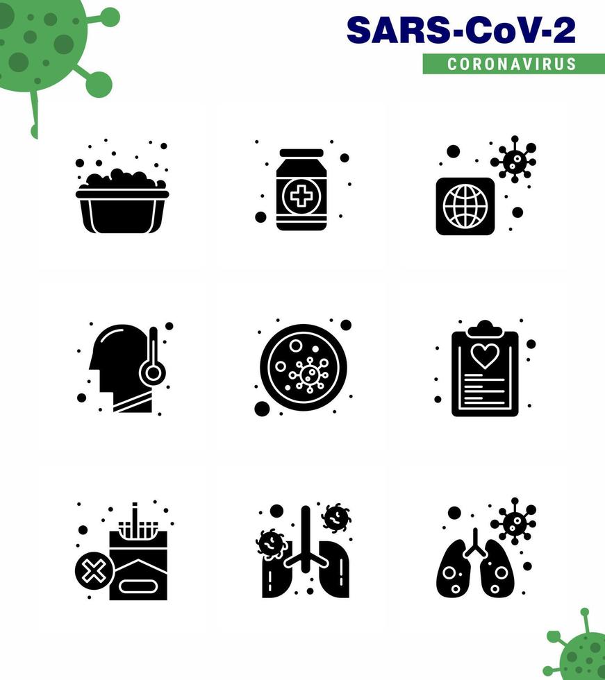 9 Solid Glyph Black Set of corona virus epidemic icons such as temperature cold medicine virus virus viral coronavirus 2019nov disease Vector Design Elements