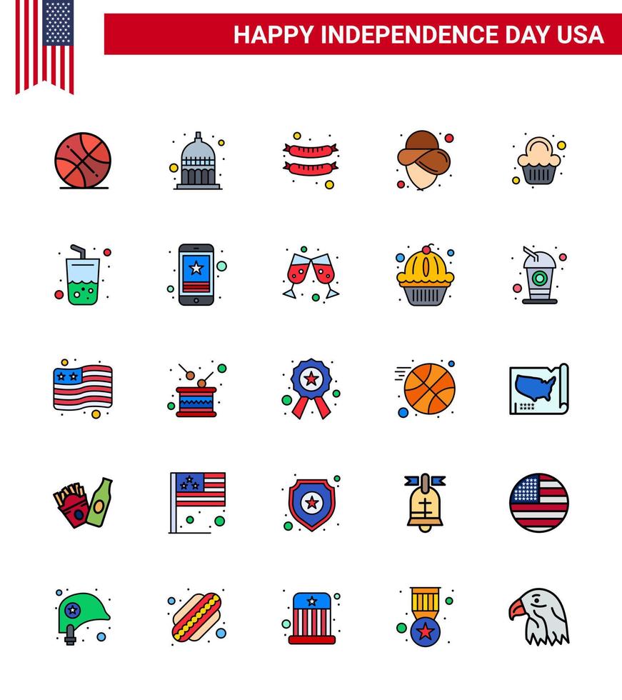 Happy Independence Day 4th July Set of 25 Flat Filled Lines American Pictograph of celebration party food cake cowboy Editable USA Day Vector Design Elements