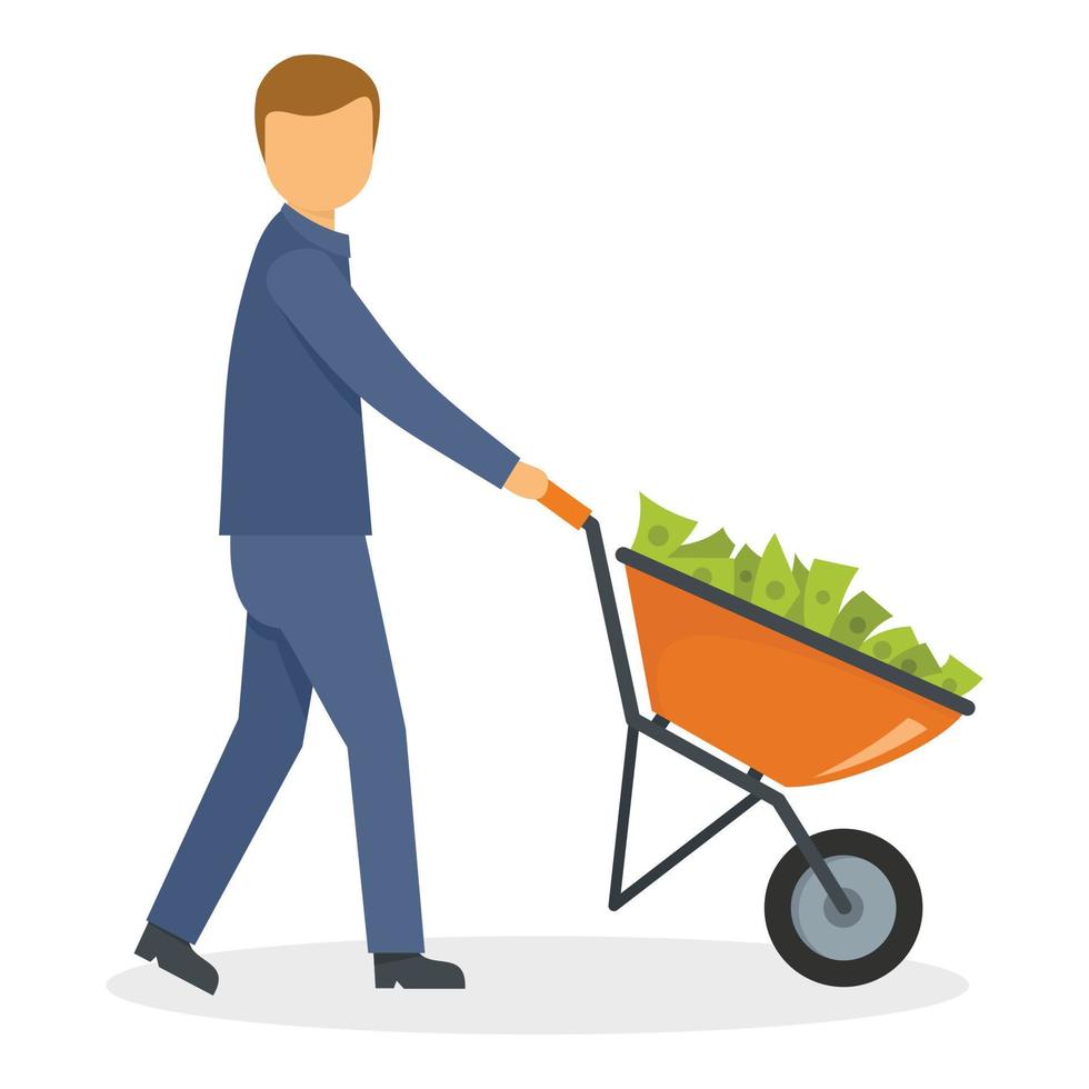 Businessman wheelbarrow money icon, flat style vector