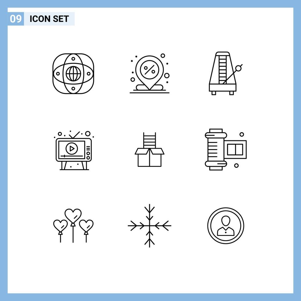 Pack of 9 Modern Outlines Signs and Symbols for Web Print Media such as media ad percent sound metronome Editable Vector Design Elements