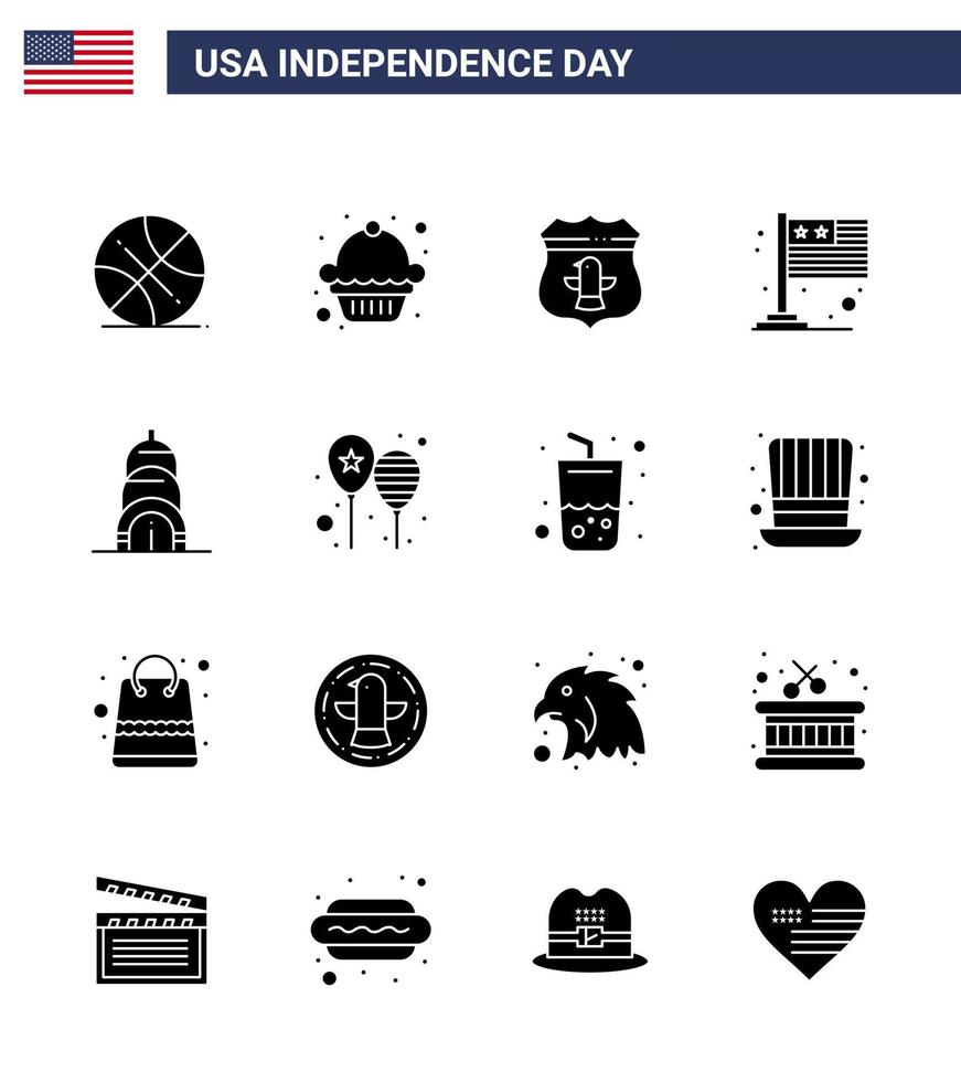 4th July USA Happy Independence Day Icon Symbols Group of 16 Modern Solid Glyphs of usa chrysler usa usa flag Editable USA Day Vector Design Elements