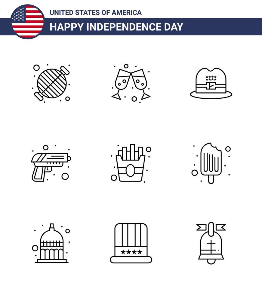 4th July USA Happy Independence Day Icon Symbols Group of 9 Modern Lines of fries fast hat weapon security Editable USA Day Vector Design Elements