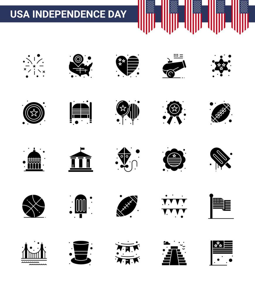 Set of 25 Vector Solid Glyph on 4th July USA Independence Day such as badge howitzer location pin cannon usa Editable USA Day Vector Design Elements