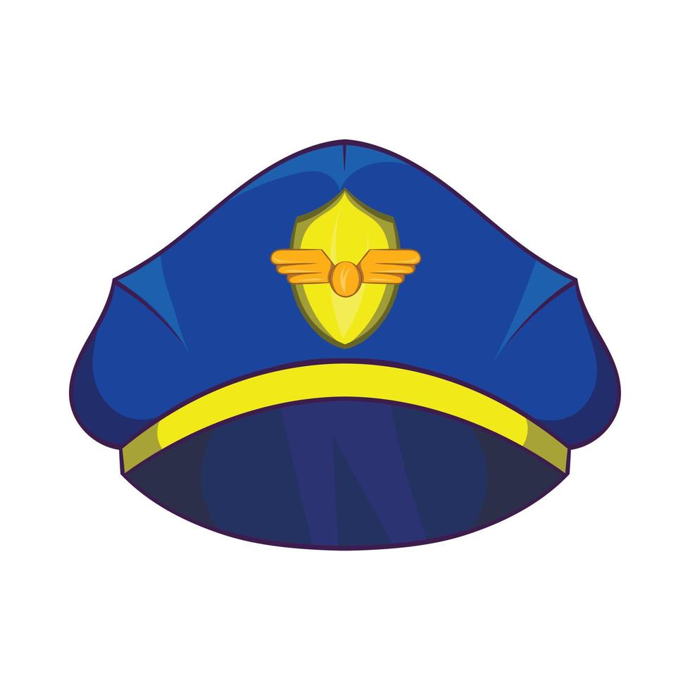 Blue pilot cap with badge icon, cartoon style vector
