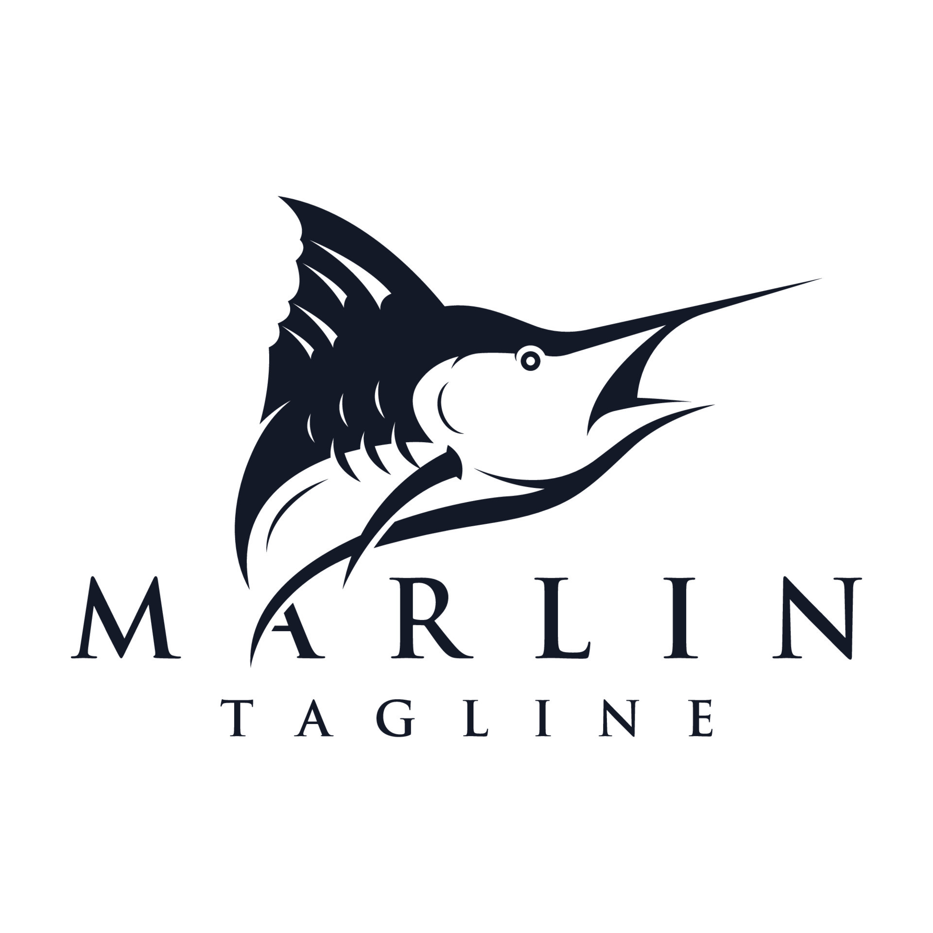 Creative abstract logo design of swordfish or marlin fish silhouette. Marlin jumping on water