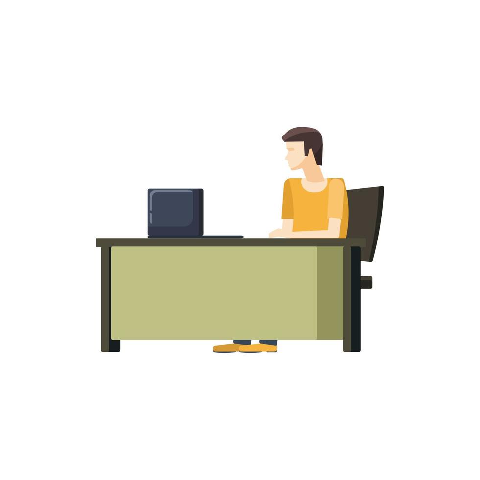 Man sitting at a computer desk icon, cartoon style vector