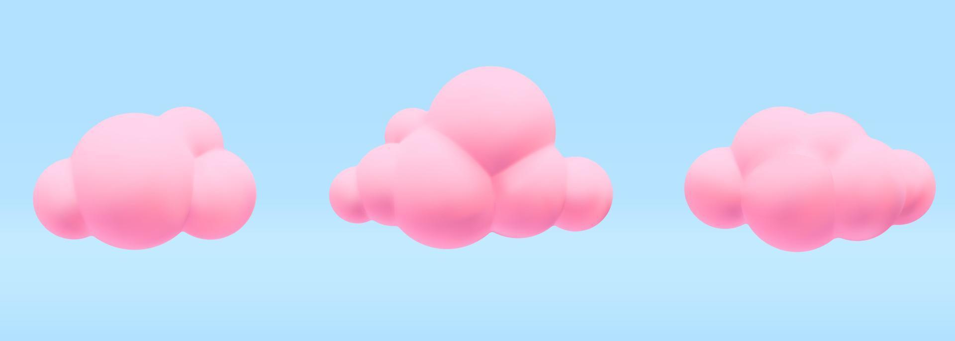 Set of 3d vector realistic render fluffy vanilla pink fantasy fairy tale simple minimal round soft cloud icon design