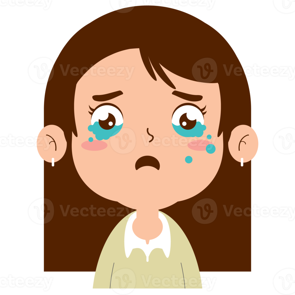 menina chorando rosto desenho animado fofo png
