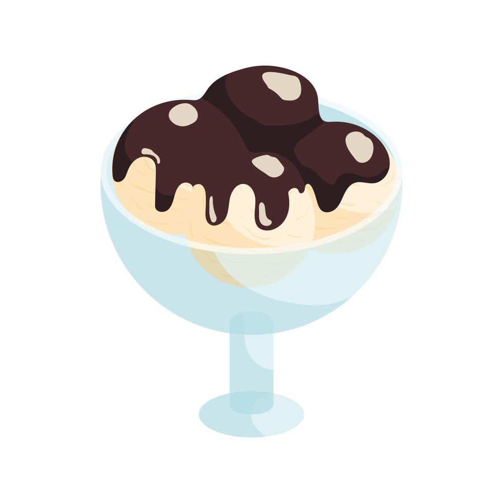 Ice cream with chocolate sauce in bowl icon vector