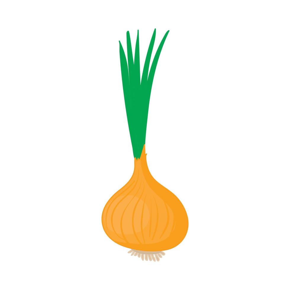 Onion with fresh green sprout icon, cartoon style vector