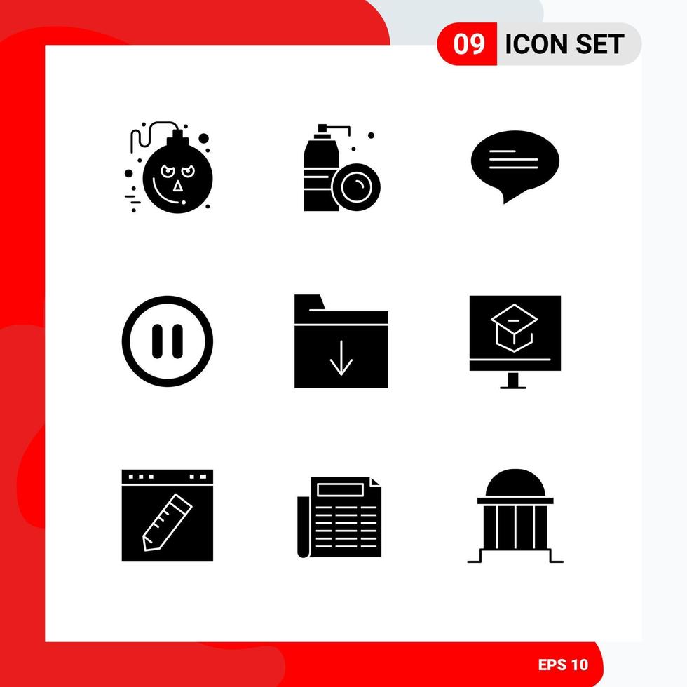 Universal Icon Symbols Group of 9 Modern Solid Glyphs of education folder chat document pause Editable Vector Design Elements