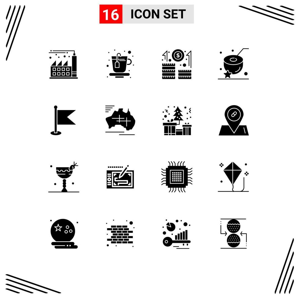 Modern Set of 16 Solid Glyphs Pictograph of world location growth flag food Editable Vector Design Elements